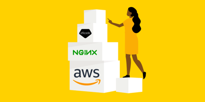 A woman standing on a box next to a pile of boxes with AWS, NGINX and Eficode logos on a yellow background.