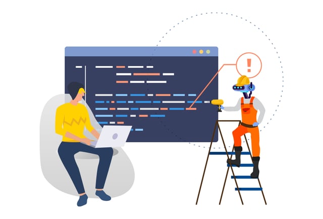 A person is coding and a robot is screening the code snippet to find mistakes in the code