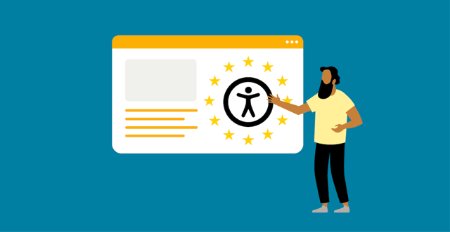 Kuvassa mies osoittaa verkkokauppanäkymää, jossa EU-tähtien ympyröimä saavutettavuussymboli