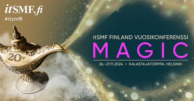 A magic lamp with sparkles revealing the magic of the itSMF Finland 2024 conference.